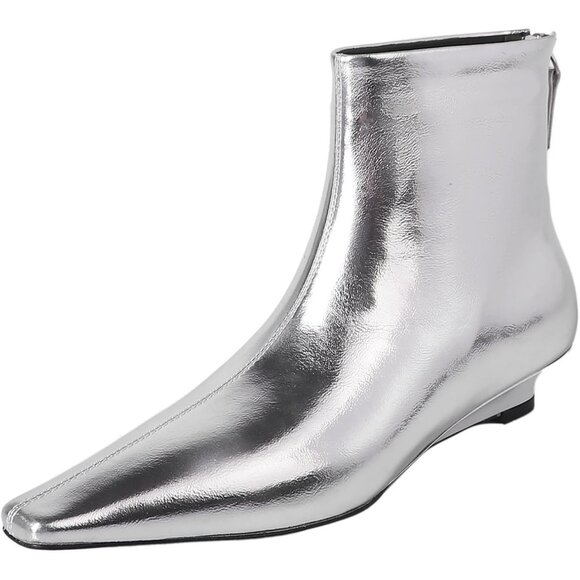 Beauty Cry Ankle Boots Women's Silver Leather Low Heel Square Toe Back Zipper